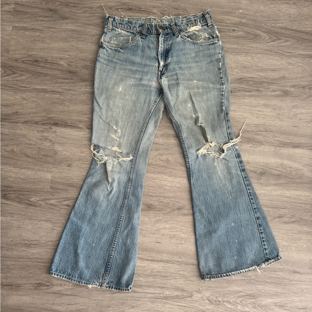 Vintage Levi’s 1970s Rare Blue Flare Wide Leg Jeans with Distressed Details